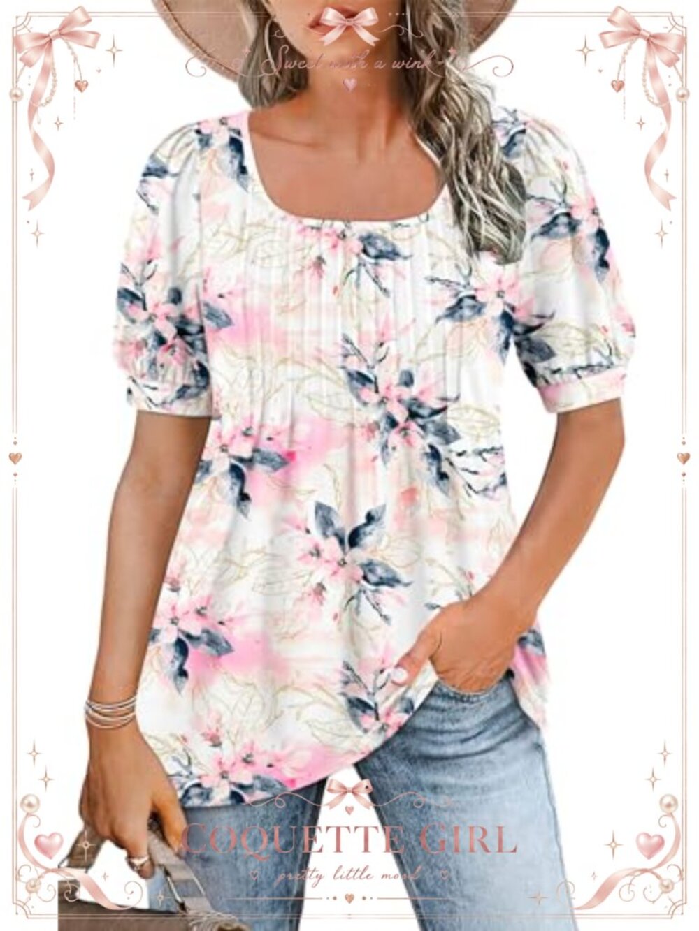 Square Neck Puff Short Sleeve Babydoll Tunic Top Pleated Loose Fit